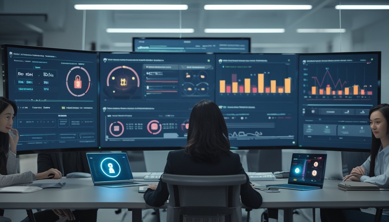 Tim analis keamanan memeriksa platform digital terlindungi di ruang operasi siber modern.