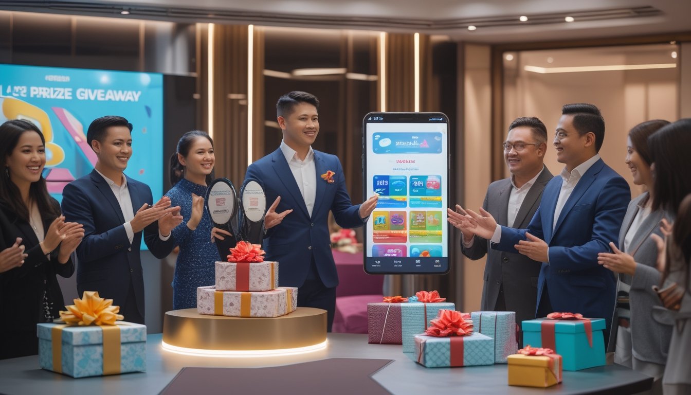 Sekelompok orang Indonesia berkumpul di acara meriah dengan pembawa acara yang menampilkan berbagai hadiah.