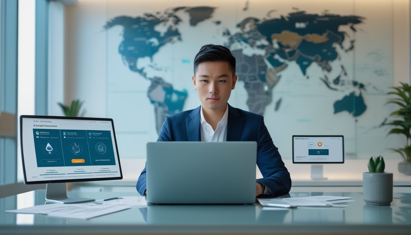 Seorang profesional meninjau informasi platform lotre internasional di kantor modern dengan laptop, dokumen, dan simbol keamanan.
