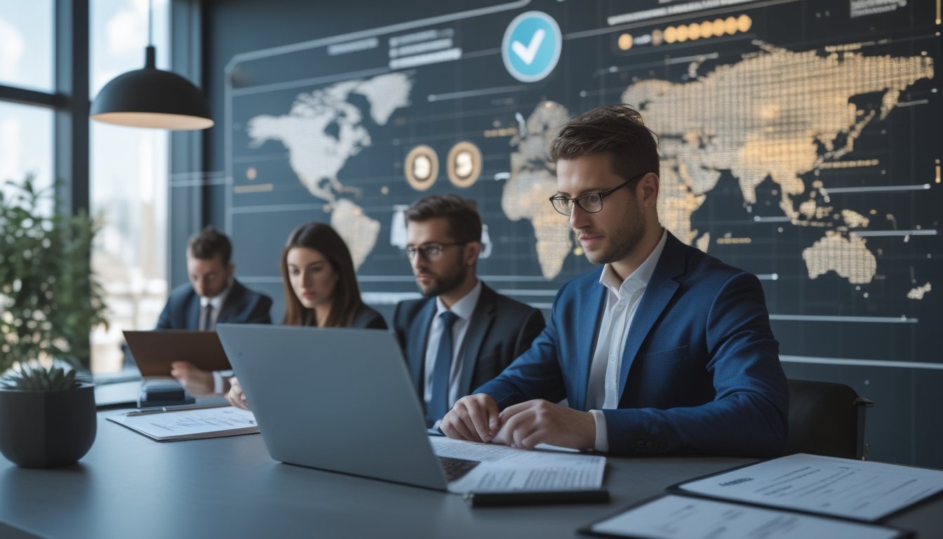 Tim profesional memeriksa dokumen lisensi dan dasbor digital dengan latar peta dunia serta simbol keamanan.