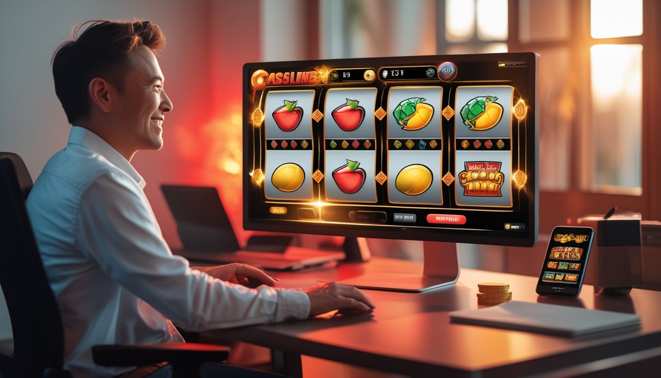 Seorang pemula memainkan permainan slot bertema buah di depan komputer dengan suasana hangat dan ceria.