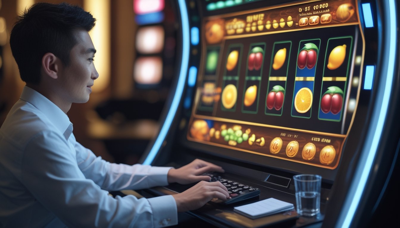 Seorang pemula mempelajari fitur permainan mesin slot bertema buah di kasino modern.