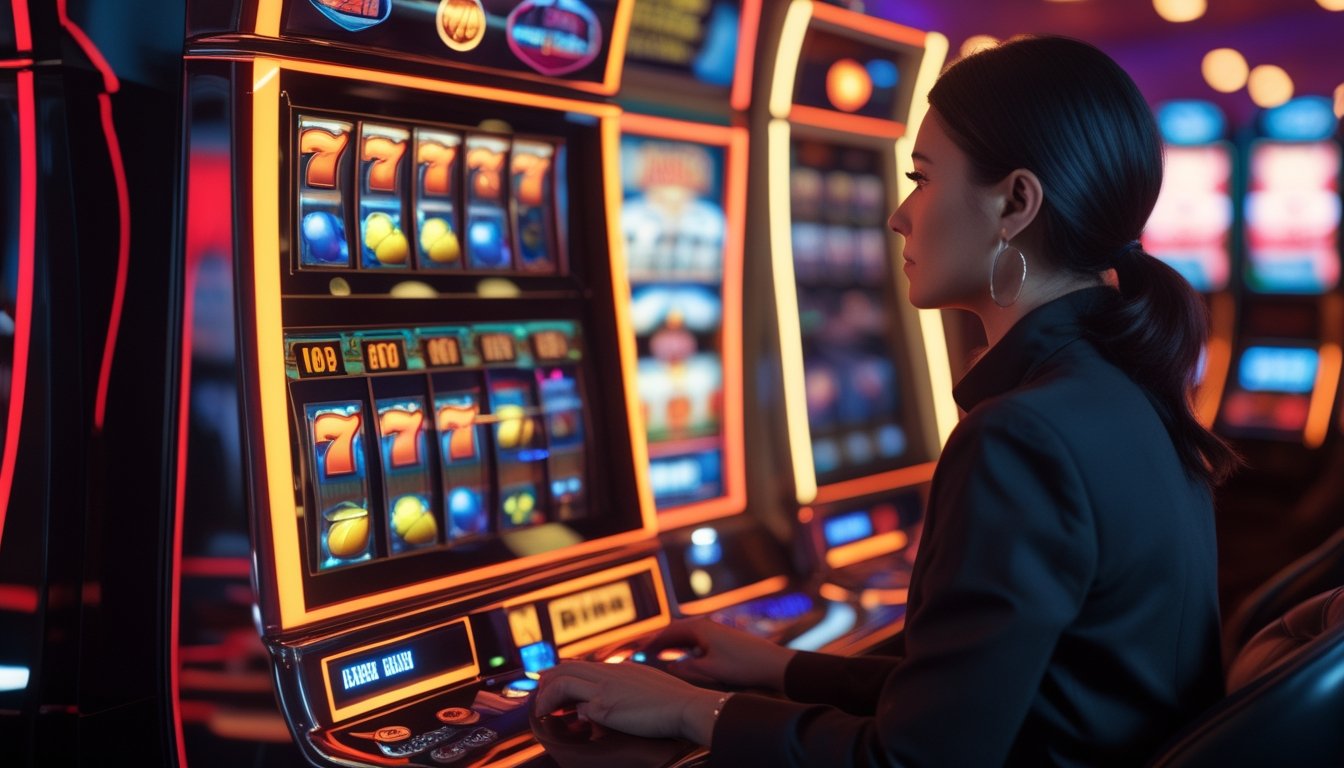 Seorang dewasa memainkan mesin slot bercahaya di interior kasino modern.