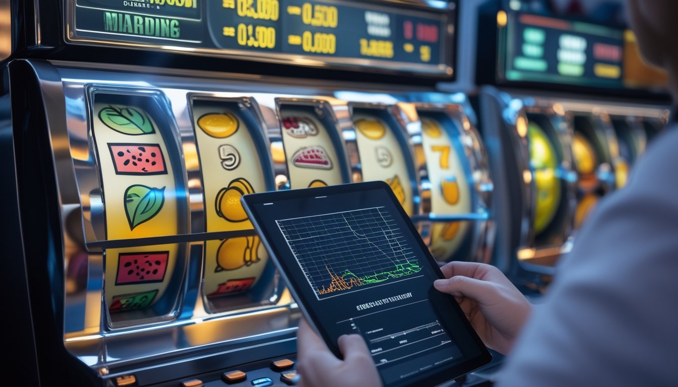 Peneliti mengamati mesin slot bertema buah sambil menganalisis data probabilitas pada tablet.