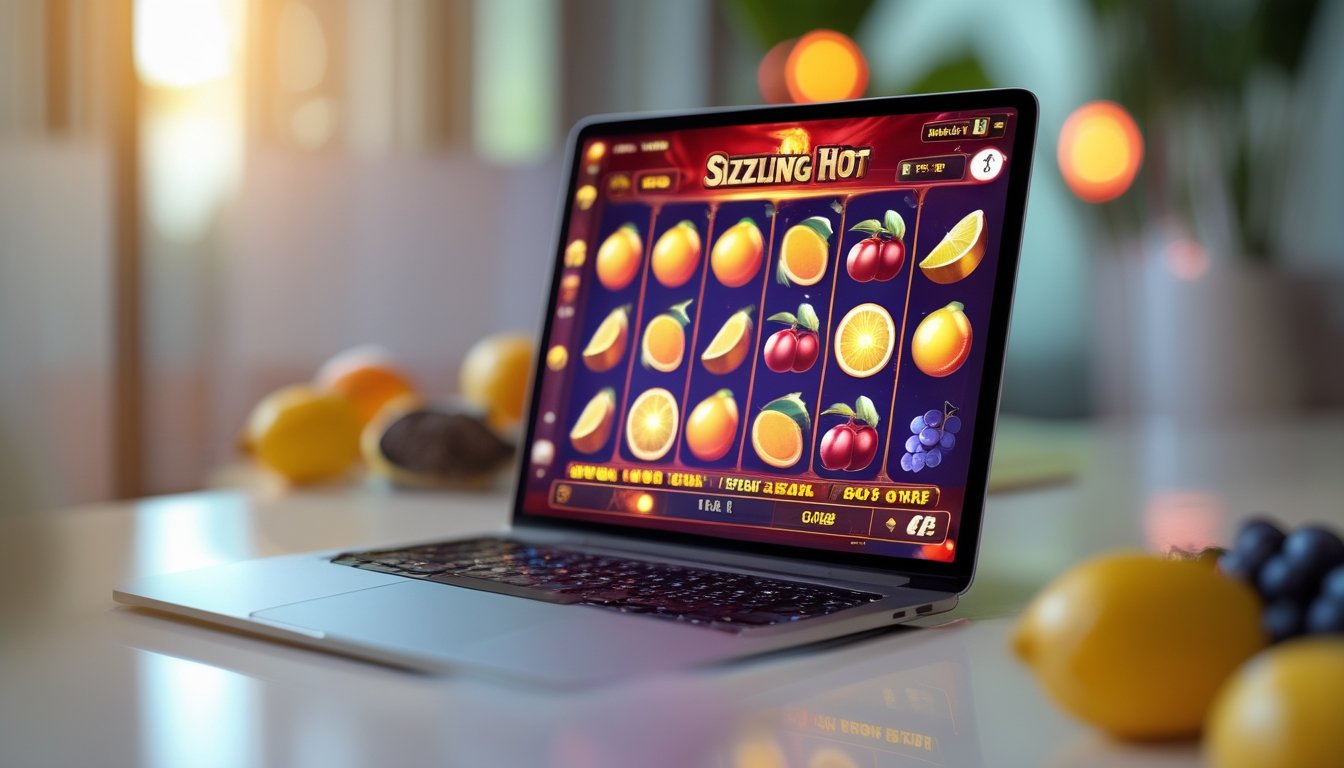Ponsel menampilkan permainan slot bertema buah di atas meja dengan hiasan buah tropis.