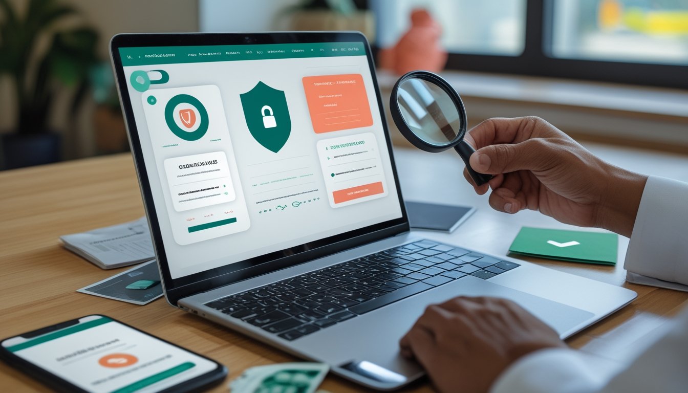 Seseorang memeriksa keamanan platform digital di laptop dengan ikon perisai, gembok, dan tanda verifikasi.