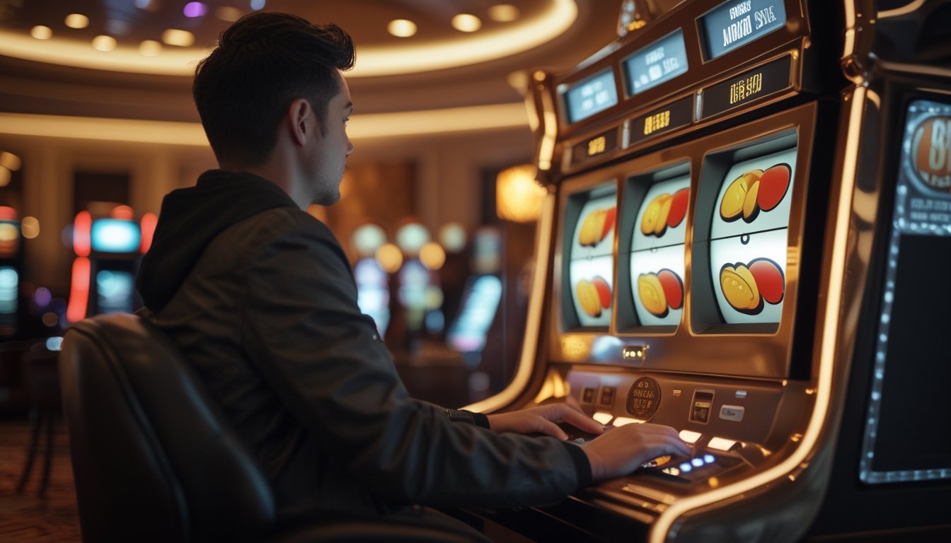 Seseorang bermain mesin slot digital di ruang kasino modern dengan pencahayaan hangat.