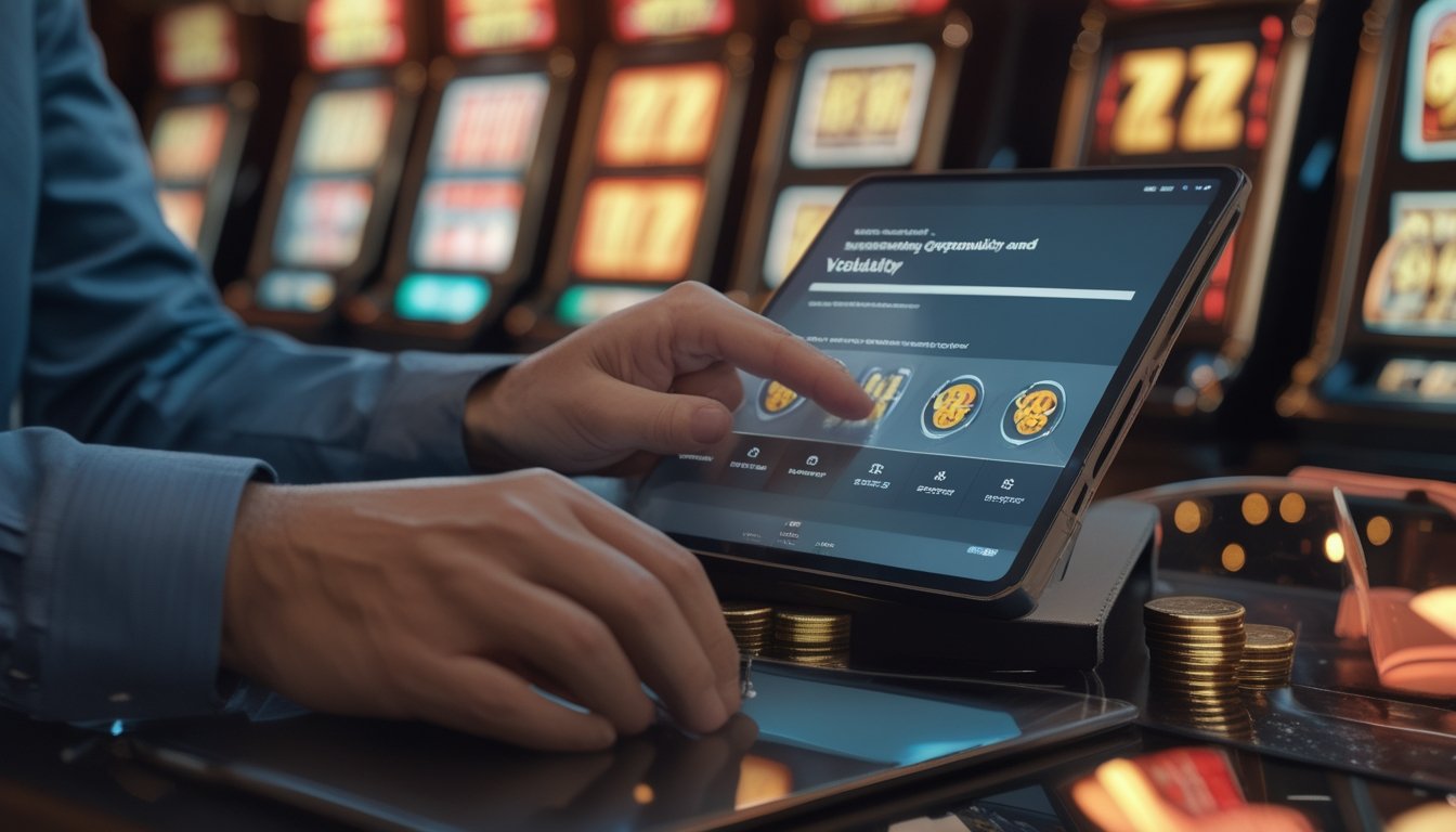 Seseorang meninjau analisis peluang di tablet dengan kalkulator dan token permainan di meja, sementara lampu hiburan tampak samar di latar belakang.