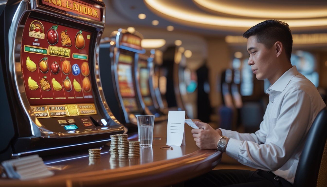 Seorang pemain dewasa duduk di depan mesin slot bertema buah sambil mengatur sejumlah kecil uang di meja.