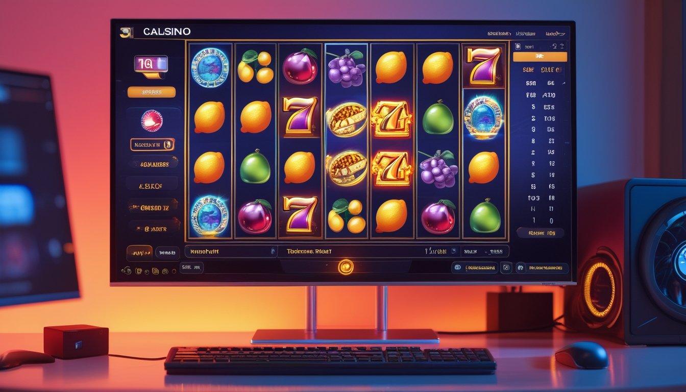Monitor menampilkan permainan slot buah berwarna-warni di meja dengan pencahayaan merah dan keemasan.