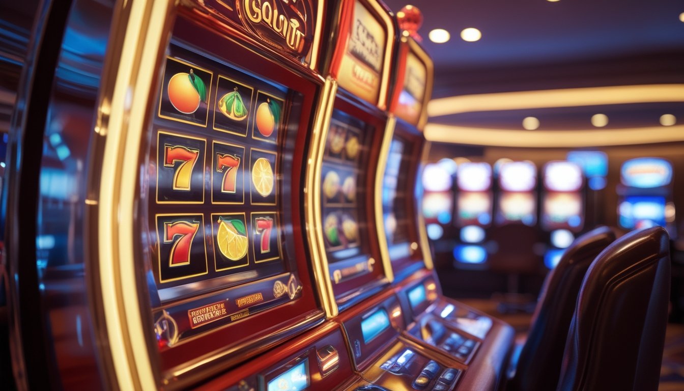 Mesin slot bertema buah menyala di dalam ruang kasino modern dengan pencahayaan hangat.