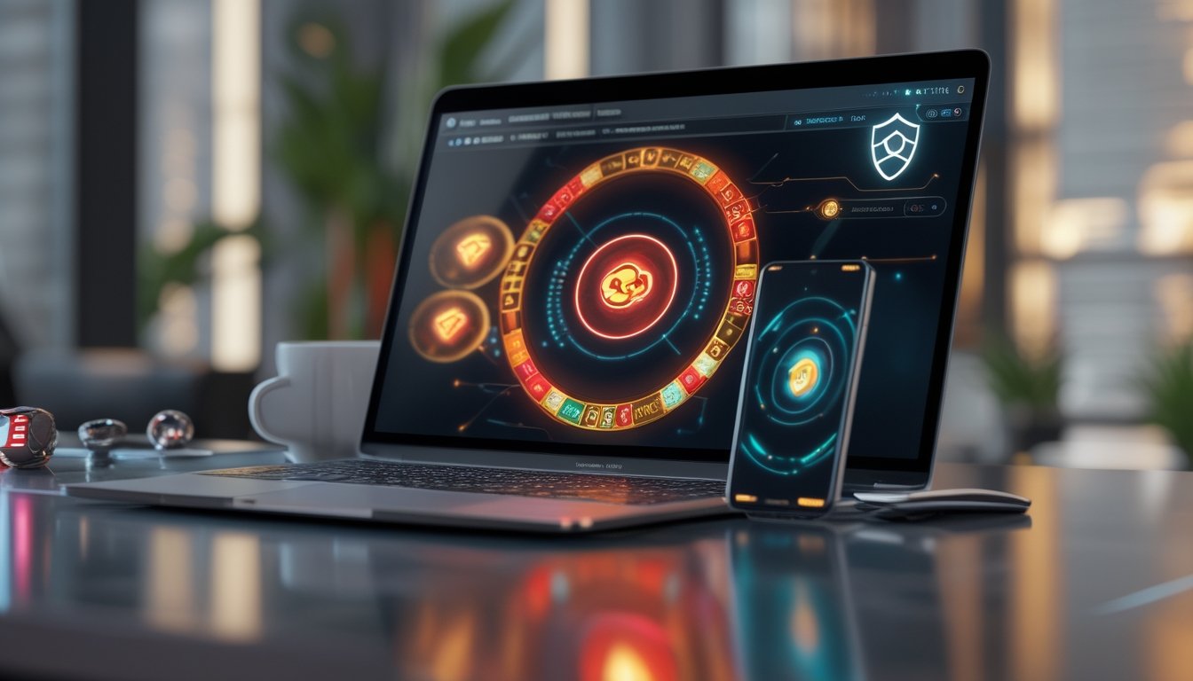 Laptop dan ponsel menampilkan antarmuka hiburan digital berwarna-warni dengan simbol keamanan di meja kerja modern.
