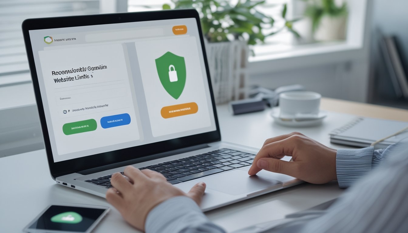 Seseorang memeriksa keamanan tautan internet di laptop dengan simbol gembok dan perisai.