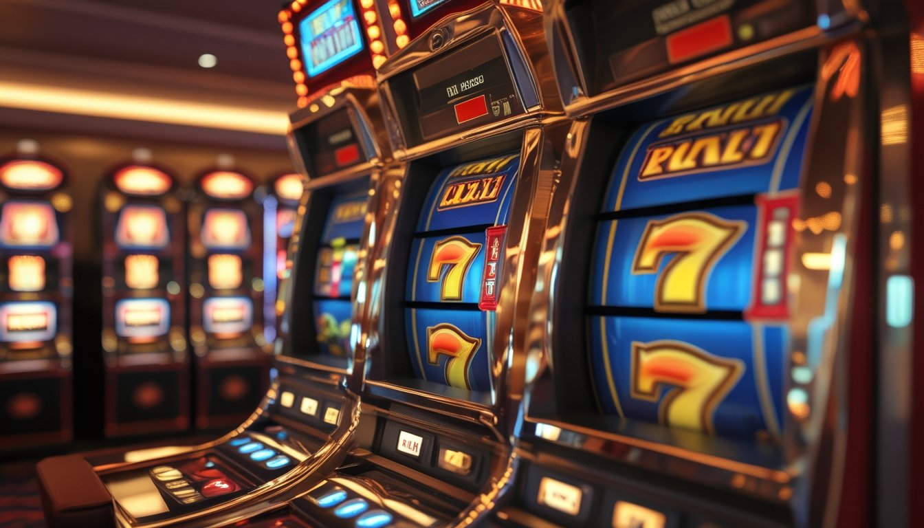Mesin slot tiga gulungan dengan simbol buah yang tersusun pada garis pembayaran.