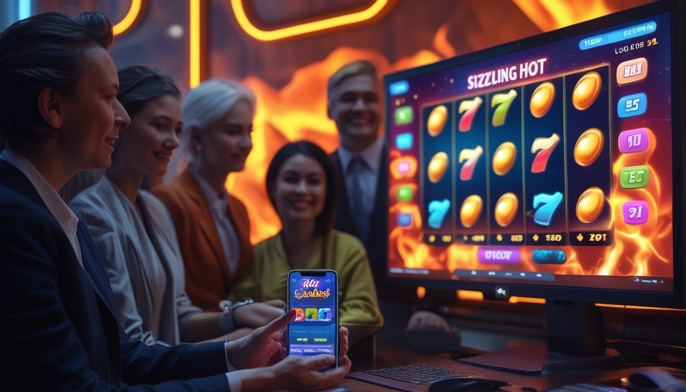 Sekelompok pemain dewasa menikmati permainan slot bertema panas di ruang hiburan modern.