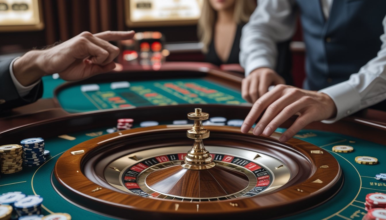 Seorang dealer menjelaskan permainan roulette dengan dua bola kepada pemula di meja kasino.