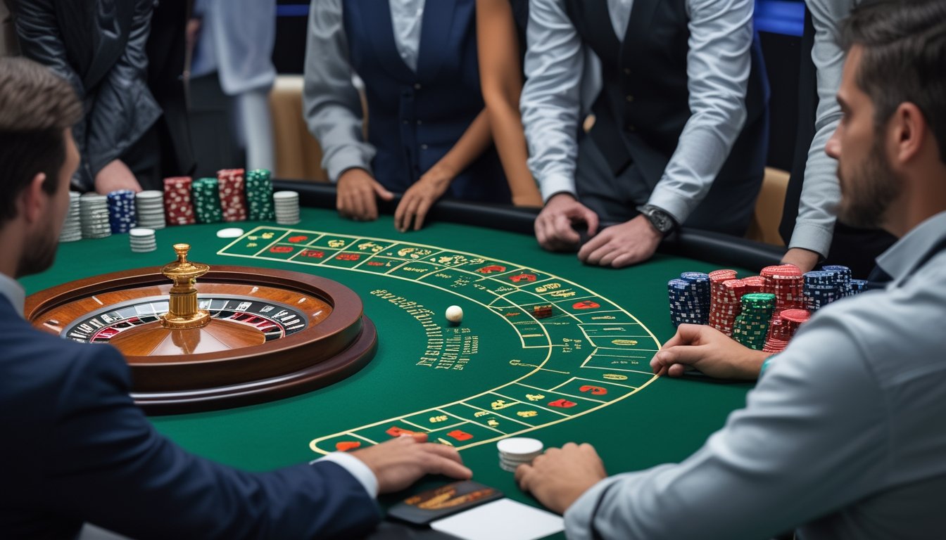 Pemula mengamati meja roulette dengan roda dan dua bola di kasino.