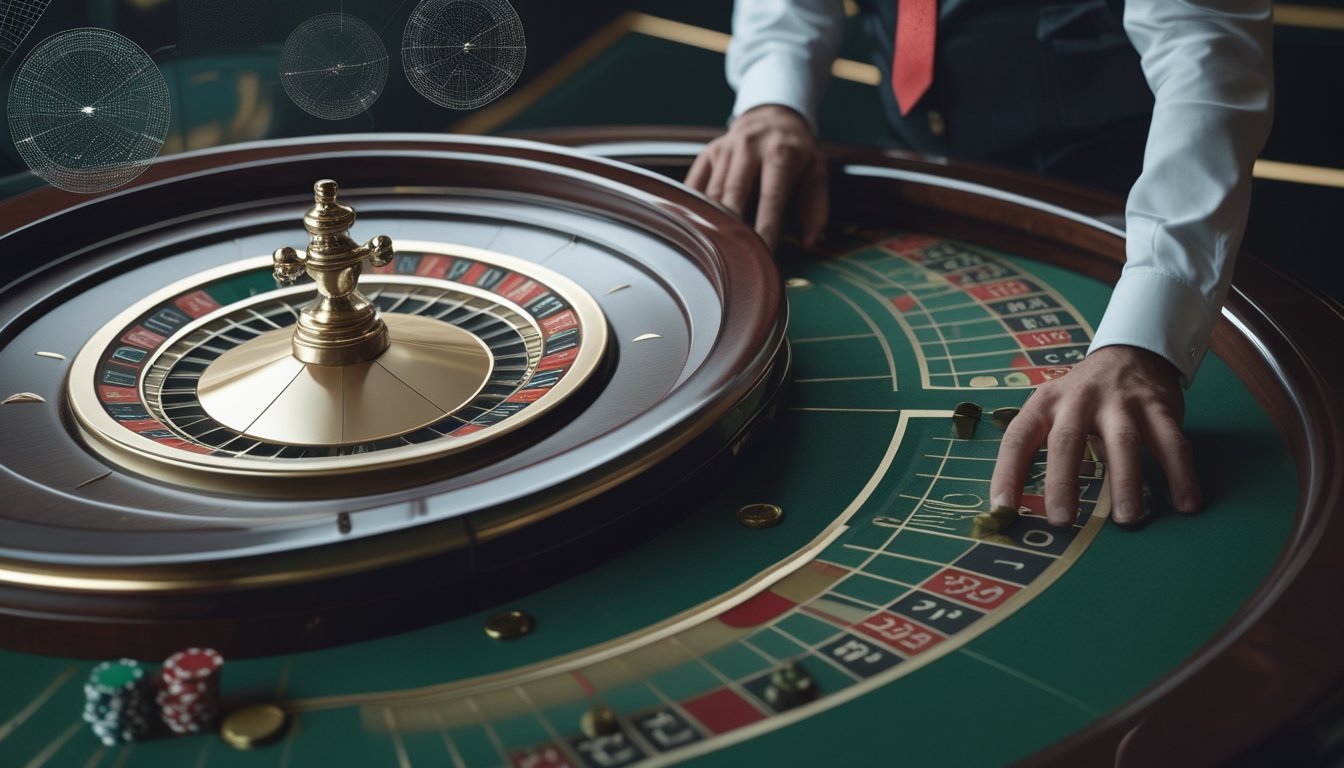 Roda roulette dengan dua bola putih di atas meja kasino yang elegan, dikelilingi keping taruhan dan tangan dealer.