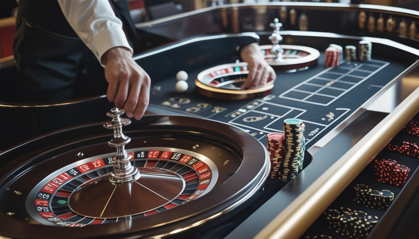 Meja roulette dengan dua bola yang bergerak dan tangan bandar yang sedang menjalankan permainan.