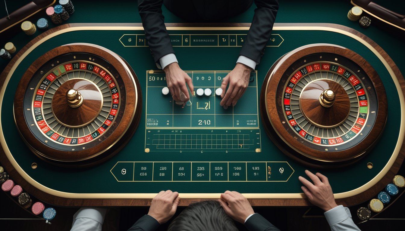 Dua roda roulette berputar dengan bola, keping kasino, dan elemen analisis probabilitas di atas meja hijau.