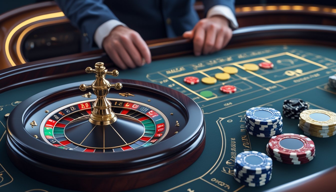 Roda roulette dengan dua bola, keping taruhan, dan visualisasi probabilitas di meja kasino modern.