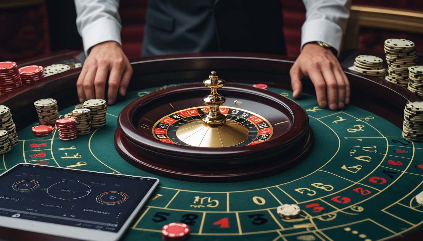 Meja roulette modern dengan dua bola, keping taruhan, dan tangan pemain yang menata taruhan.