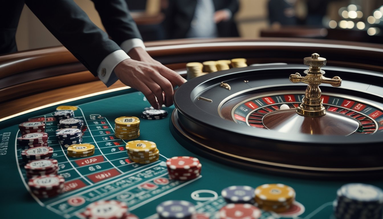Meja roulette modern dengan dua bola berputar, keping taruhan tersusun, dan tangan dealer mengoperasikan roda.