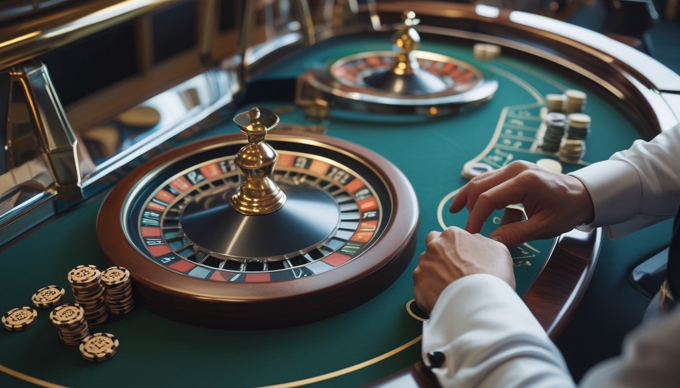 Meja roulette dengan dua bola, keping taruhan, dan tangan dealer di suasana kasino elegan.