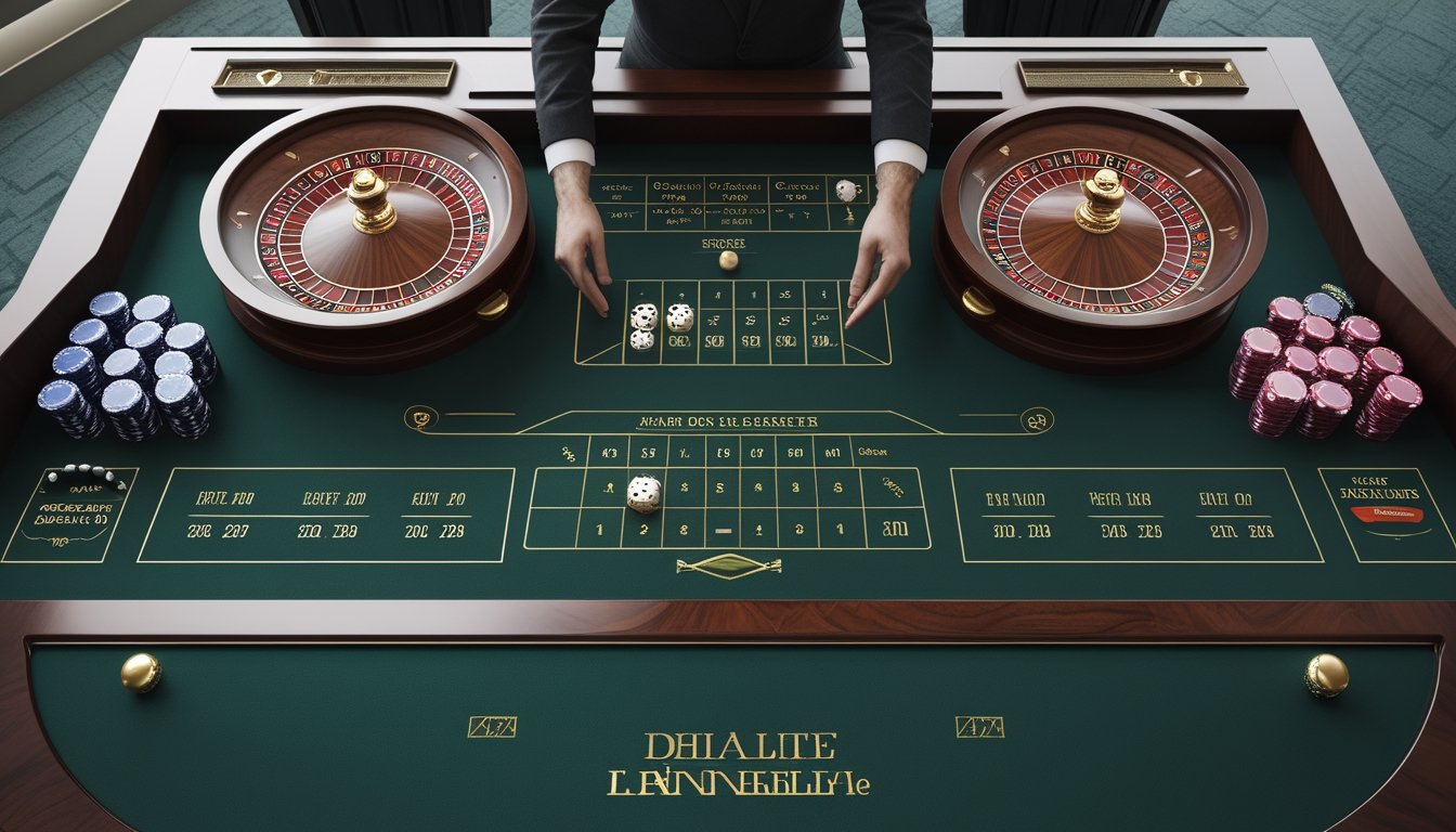 Meja kasino dengan dua roda roulette, area taruhan yang tertata, keping kasino, dan tangan dealer.