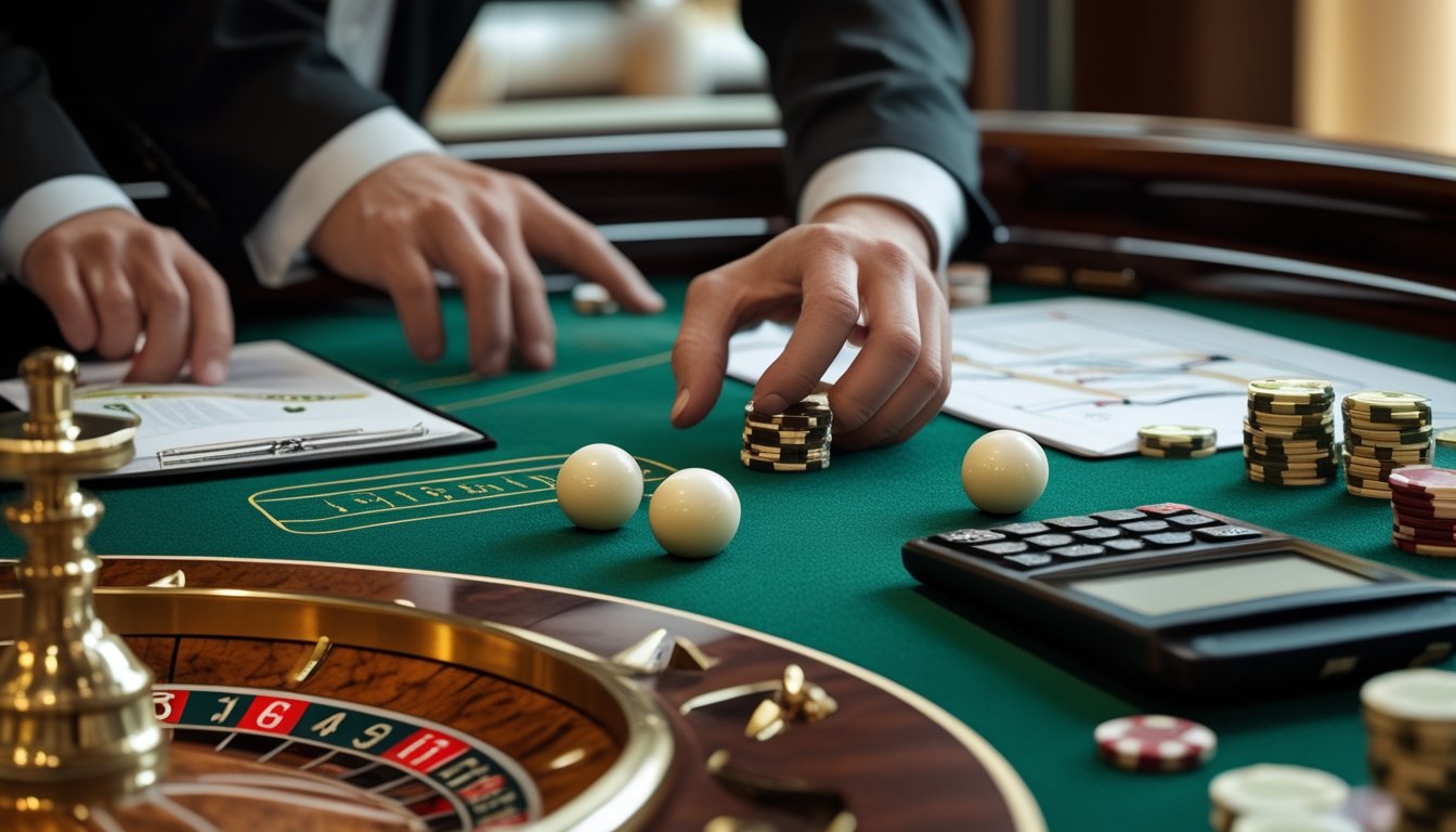 Meja roulette dengan dua bola putih yang sedang berputar, keping taruhan, dan perlengkapan analisis di kasino modern.