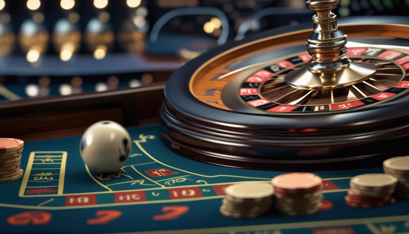 Roda roulette dengan dua bola putih bergerak bersamaan di atas meja kasino.