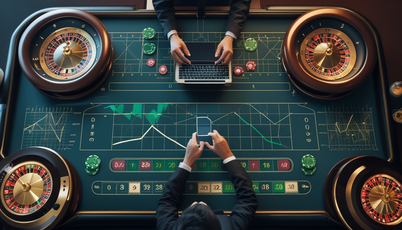 Dua roda roulette dengan bola, keping kasino, kalkulator, tablet, dan grafik analisis di atas meja.