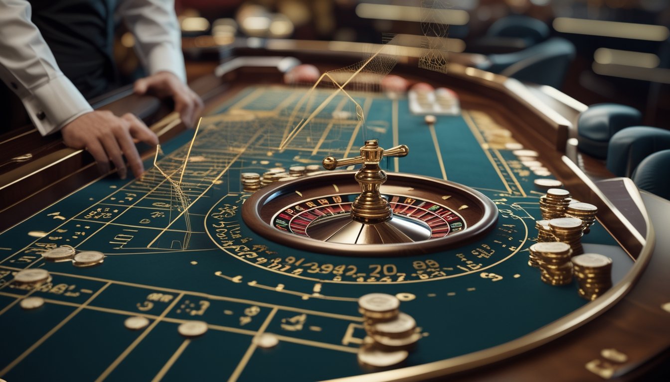 Meja roulette dengan dua bola, keping taruhan, dan elemen visual abstrak yang menggambarkan analisis matematika.