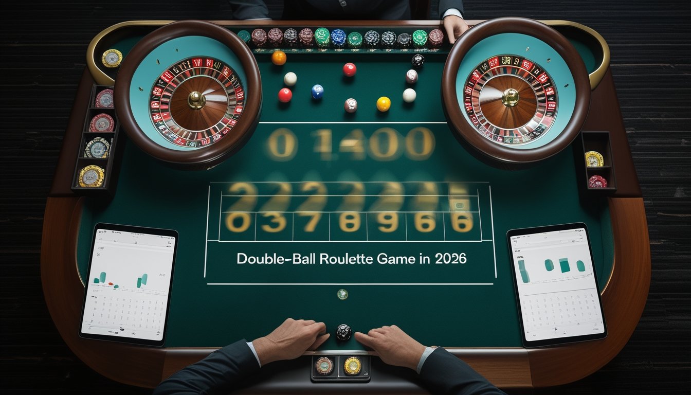 Meja roulette dengan dua roda, dua bola, keping taruhan, dan pengamat yang menganalisis pola data.