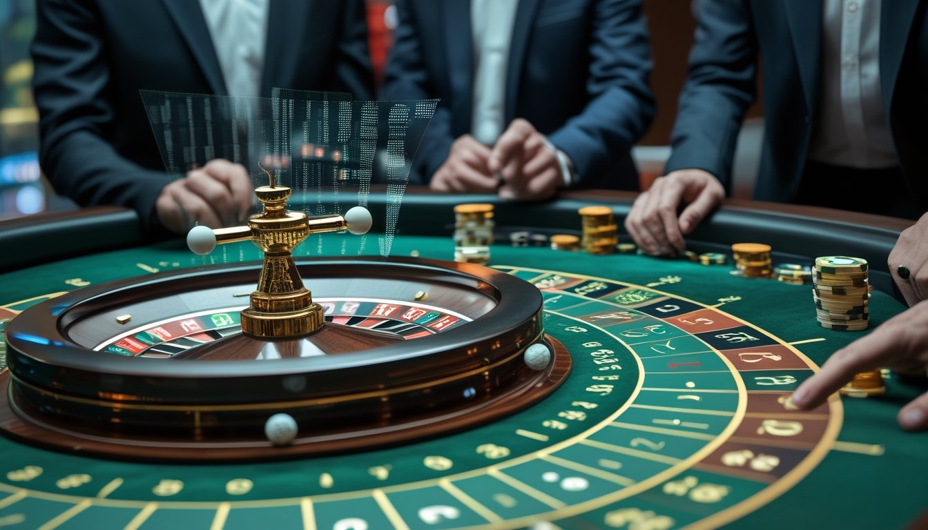 Croupier dan beberapa pemain mengamati dua bola yang bergerak pada roda roulette di meja kasino.