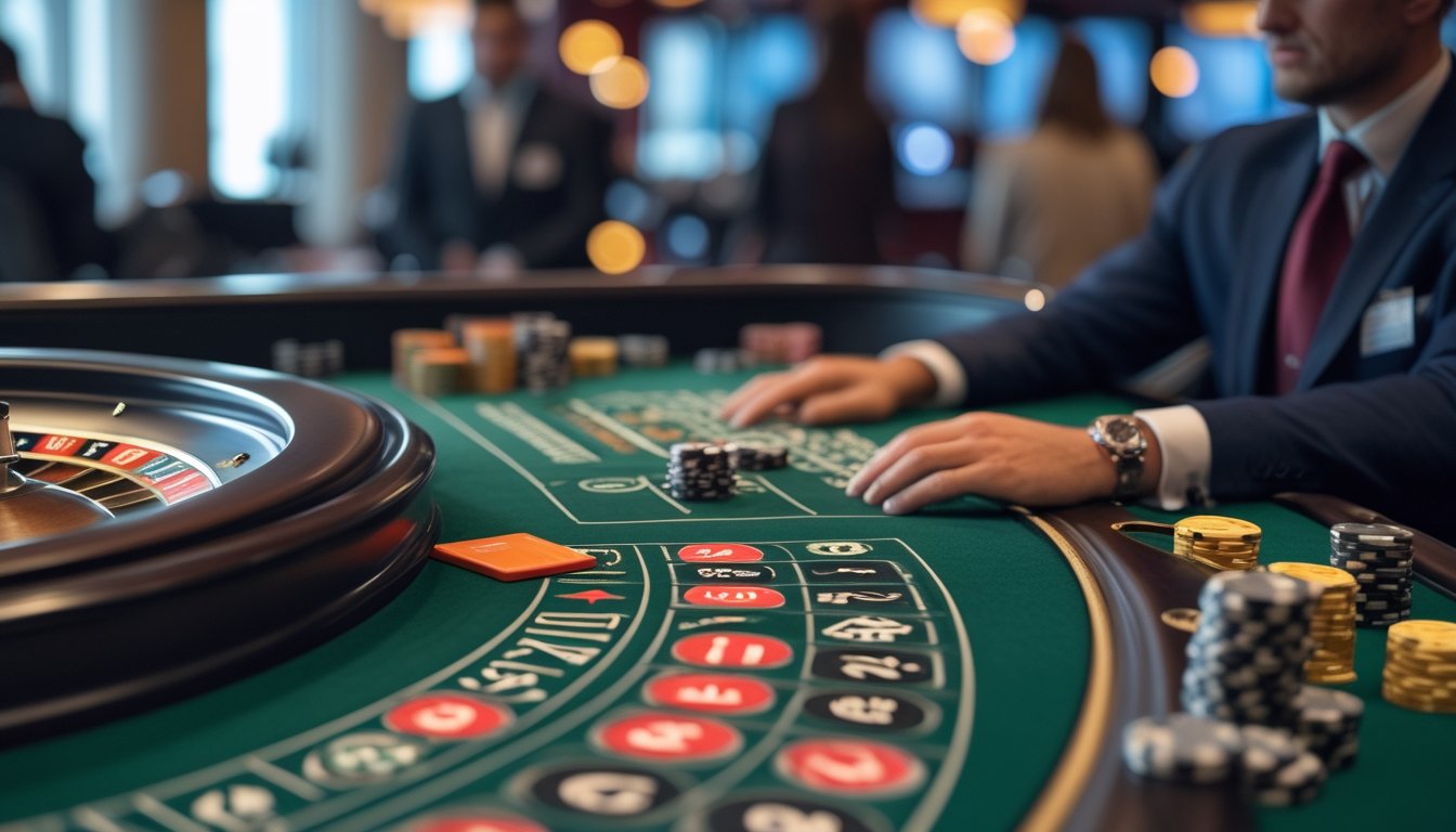 Pemain dan dealer berada di meja roulette dengan dua bola bergerak, sementara chip tampak tidak tertata.
