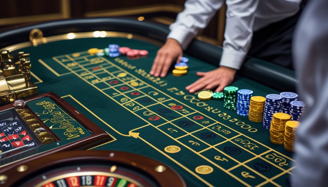 Pemain mengamati meja roulette dengan dua bola dan dealer yang sedang menata permainan.