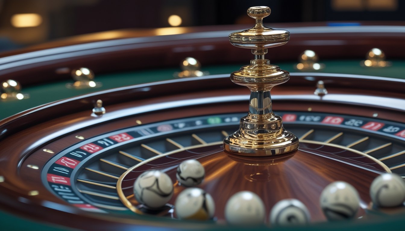 Roda roulette dengan dua bola berada di meja kasino yang elegan.