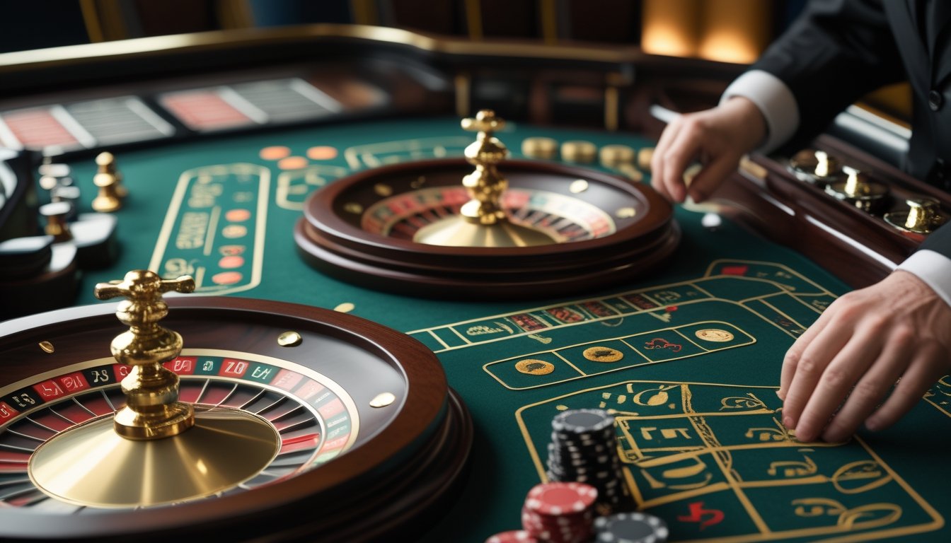 Meja kasino dengan dua roda roulette, bola putih, dan keping taruhan yang tersusun rapi.