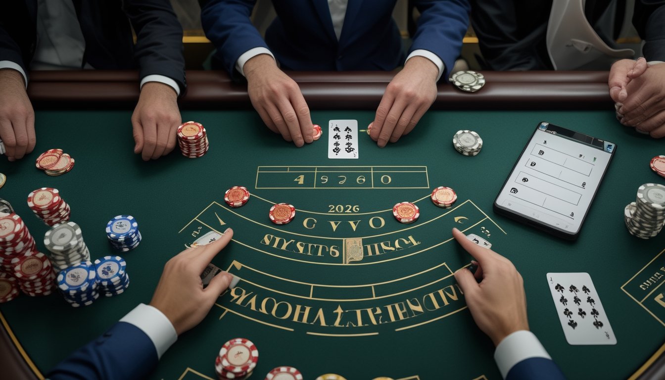 Pemain dan dealer sedang membuka kartu baccarat di meja kasino dengan chip dan ponsel di sekitarnya.