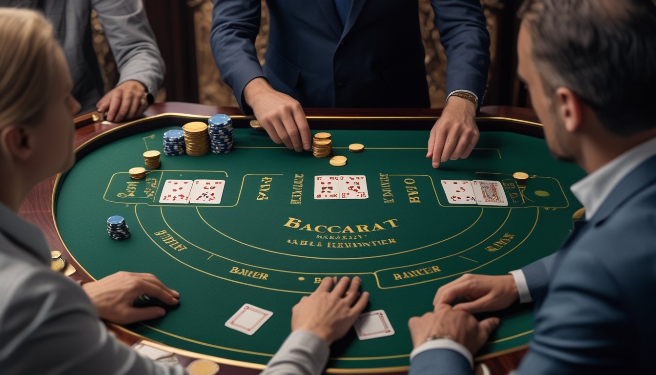 Dealer menunjukkan cara membuka kartu baccarat secara perlahan di meja permainan, sementara beberapa pemula memperhatikan.