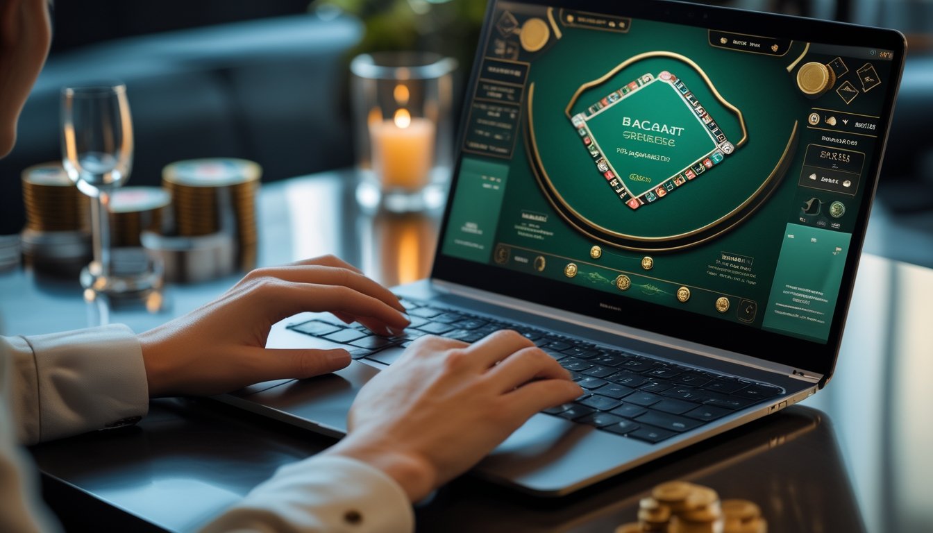 Tangan menggunakan laptop dan ponsel yang menampilkan meja baccarat digital dengan kartu dan chip.