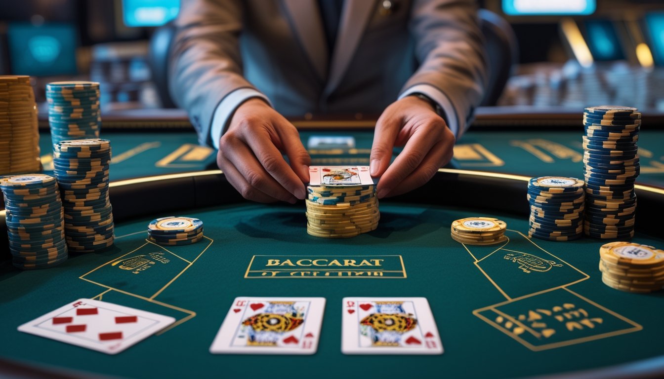 Meja baccarat dengan kartu, keping kasino, dan tangan dealer yang sedang membuka kartu.