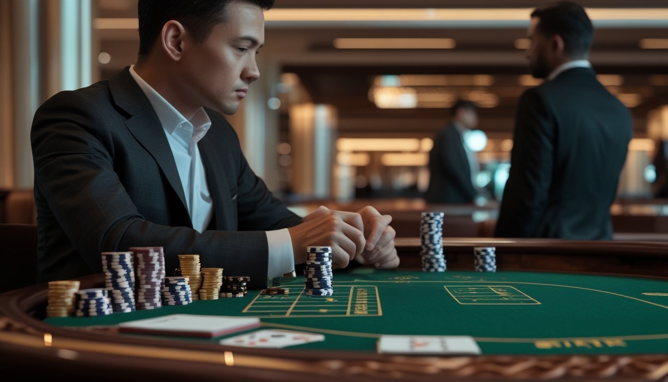 Pemain mengamati meja baccarat dengan kartu dan tumpukan chip yang tertata rapi.