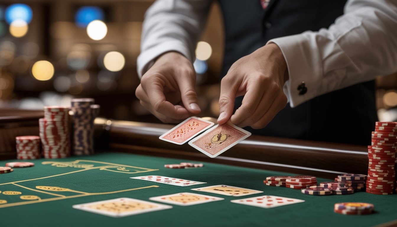 Tangan pemain membuka kartu baccarat di atas meja dengan susunan keping kasino yang rapi dan dealer di latar belakang.