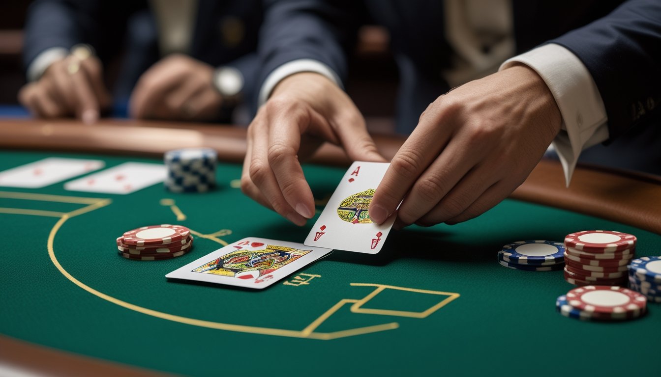 Tangan pemain mengangkat sudut kartu di meja baccarat dengan chip kasino dan dealer yang tampak samar di latar belakang.