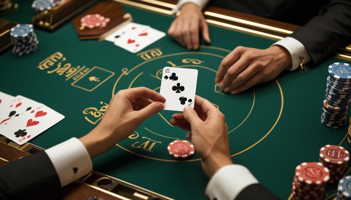 Dealer membuka sudut kartu baccarat sementara pemain mengamati dengan saksama di meja kasino.