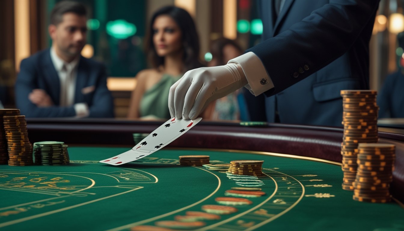 Dealer membuka kartu baccarat di atas meja dengan keping taruhan dan pemain yang mengamati.