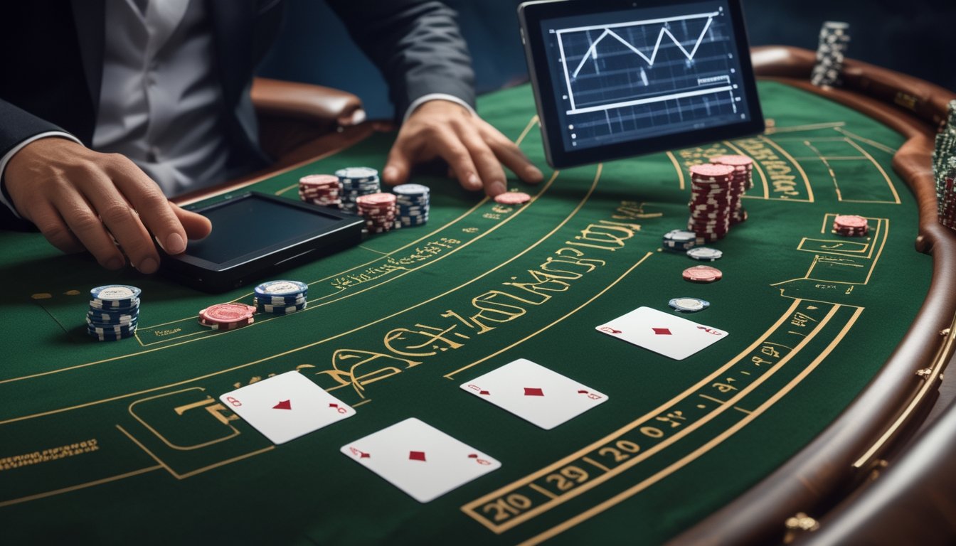 Meja baccarat dengan kartu, keping kasino, tablet berisi grafik abstrak, dan kalkulator.