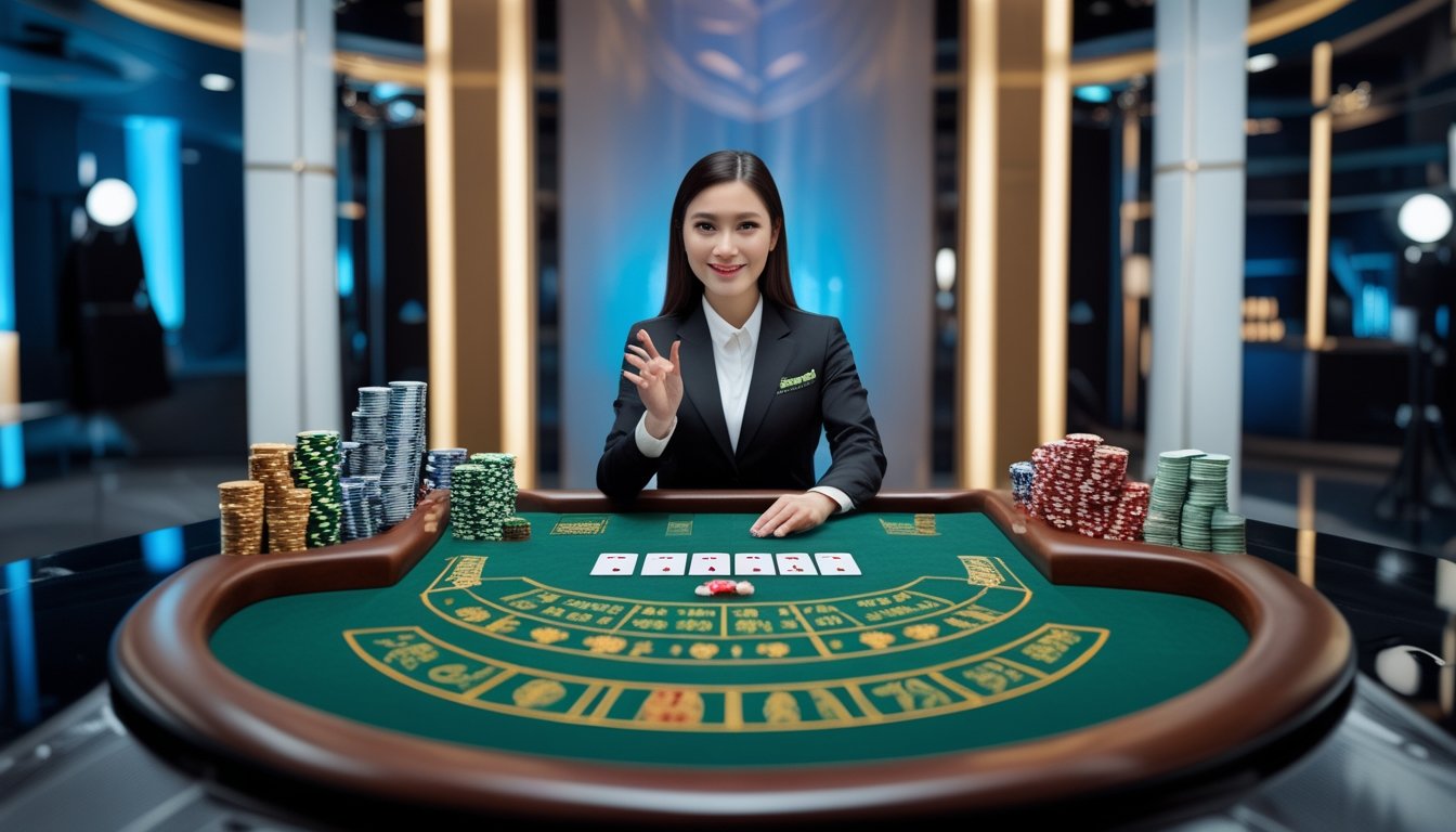 Dealer wanita memandu permainan baccarat secara langsung di meja kasino dengan kartu dan chip.